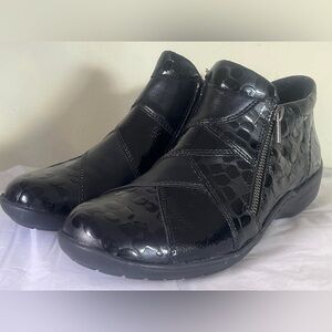 Remonte Black Patent Croc-Trim Ankle Booties with Side Zip